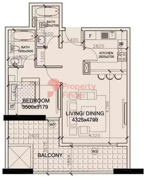 Планировка — 1-спальная, 79 м²
