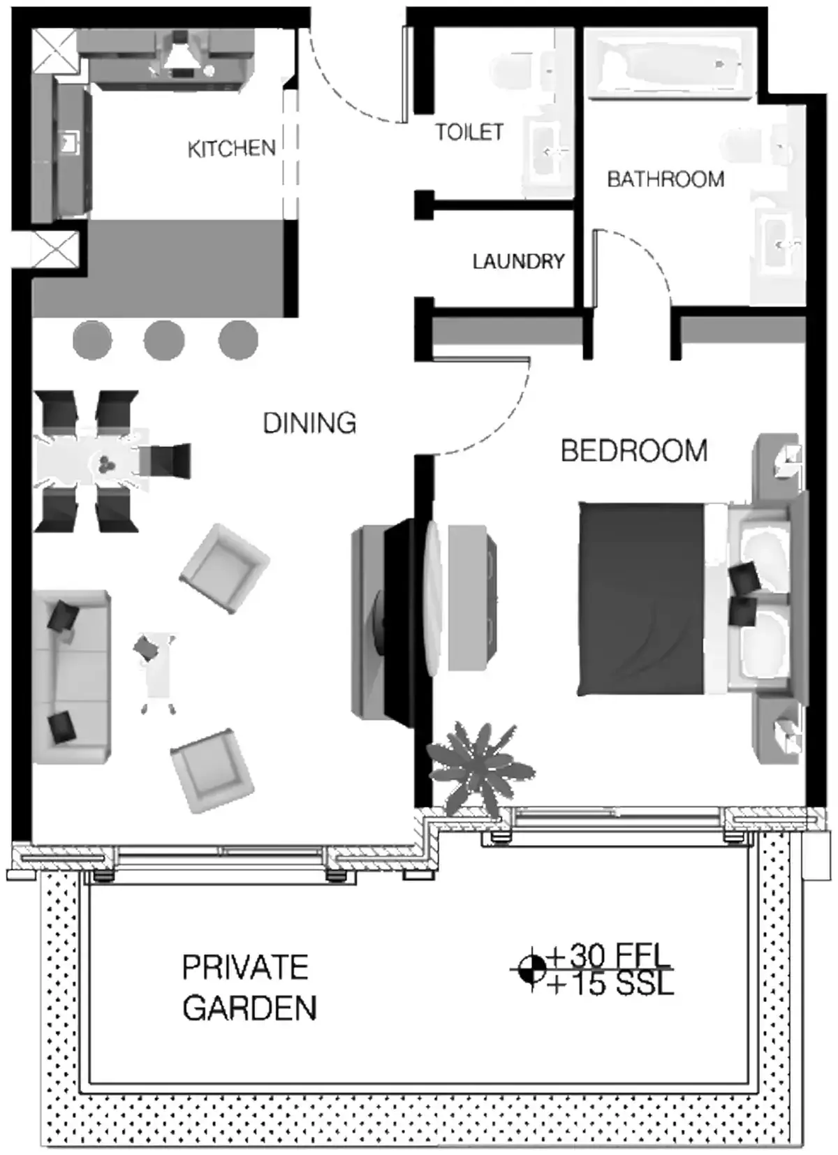Планировка — 1-спальная, 95 м²