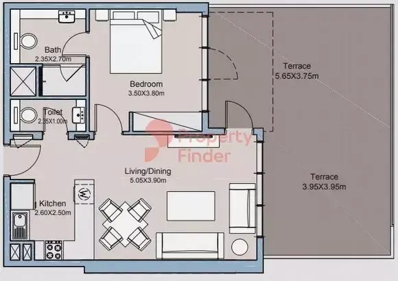 Планировка — 1-спальная, 95 м²