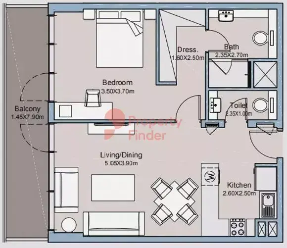 Планировка — 1-спальная, 74 м²