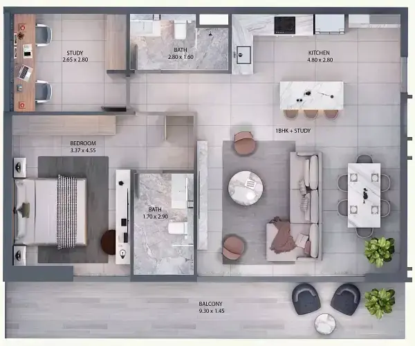 Планировка — 1-спальная, 105 м²
