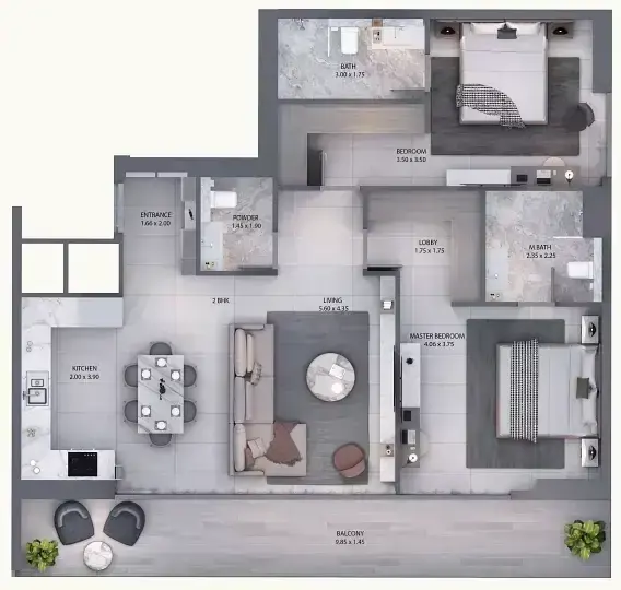 Планировка — 2-спальная, 116 м²