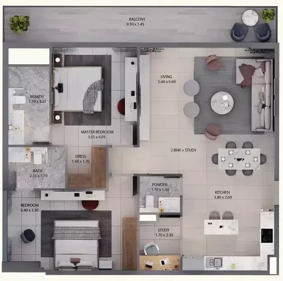 Планировка — 2-спальная, 125 м²
