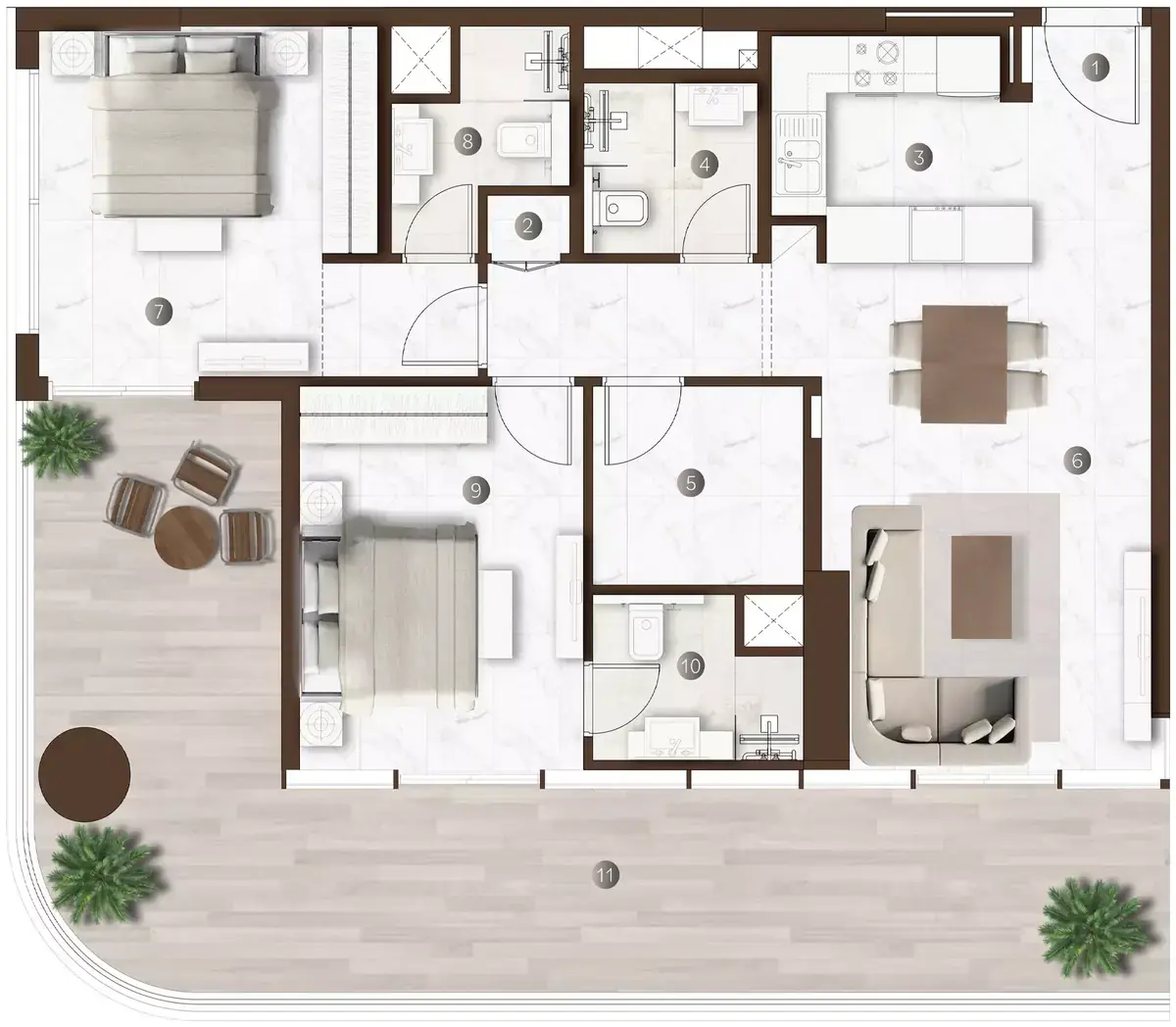 Планировка — 2-спальная, 137 м²
