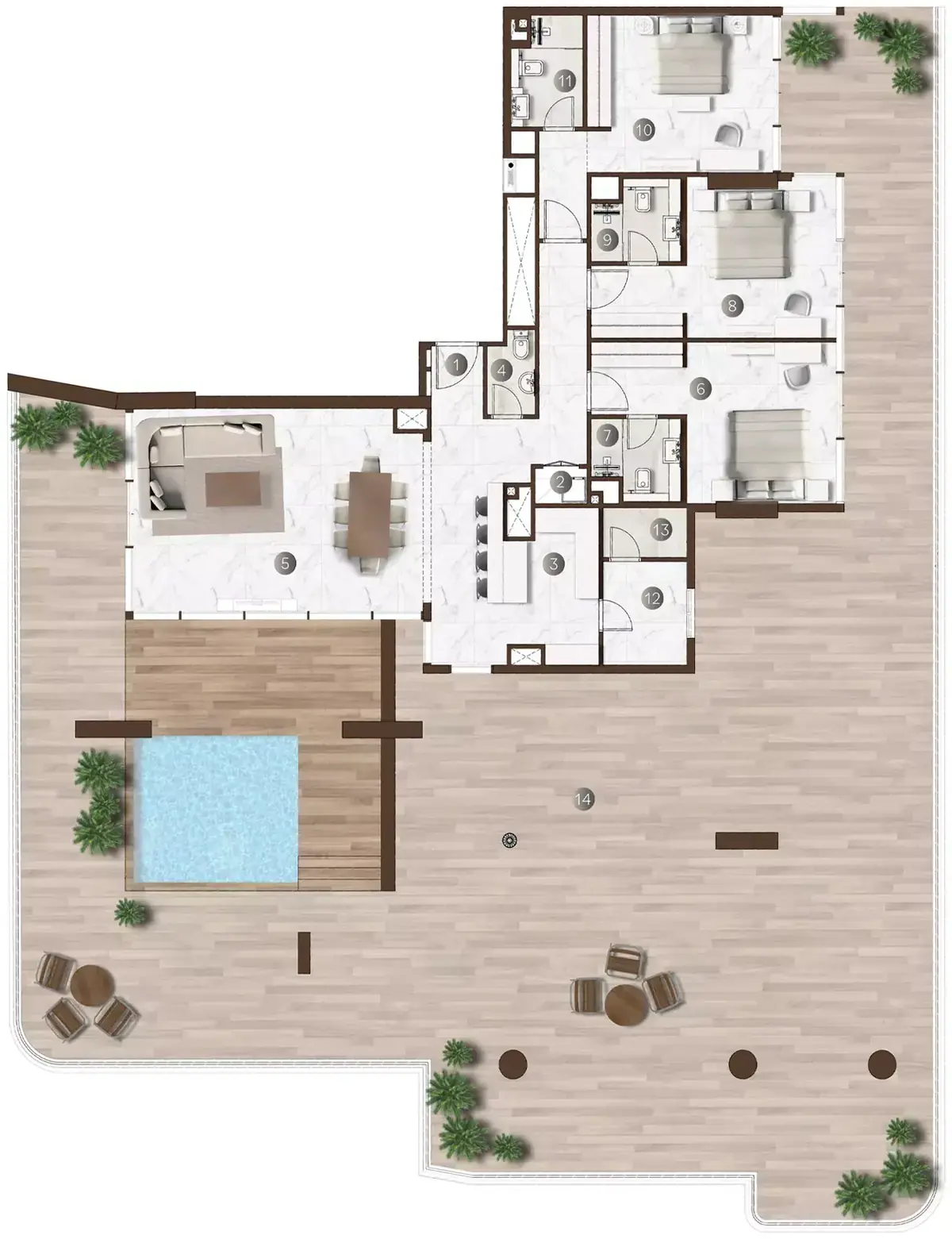 Планировка — 3-спальная, 505 м²