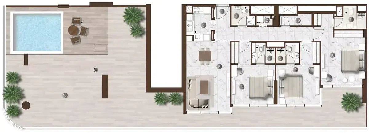 Планировка — 3-спальная, 296 м²