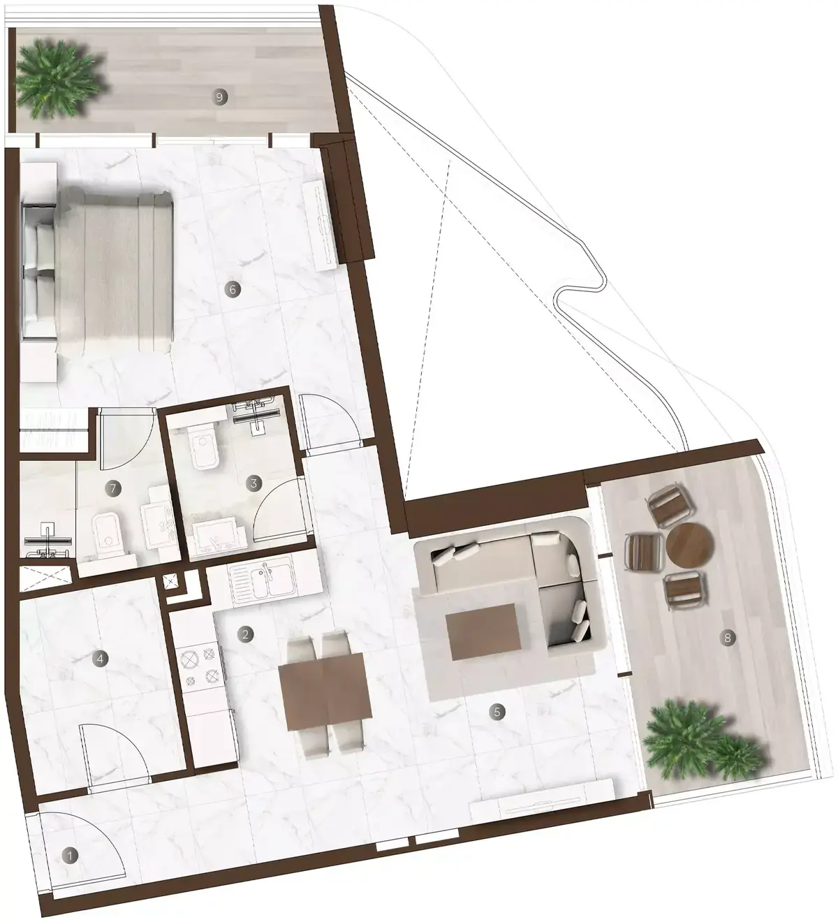 Планировка — 1-спальная, 80 м²