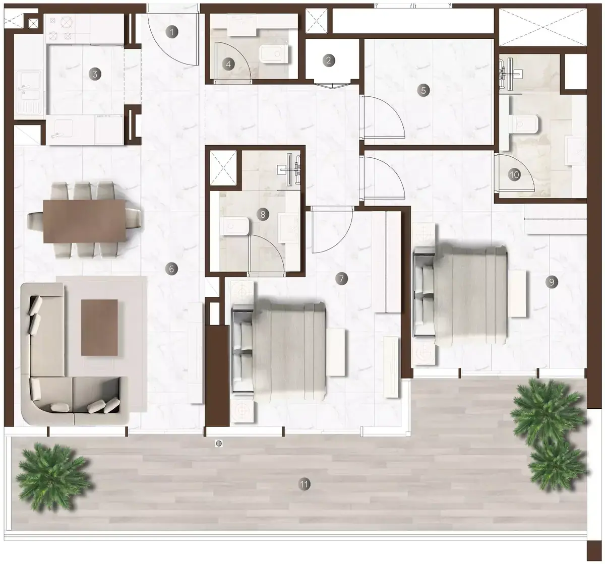 Планировка — 2-спальная, 119 м²