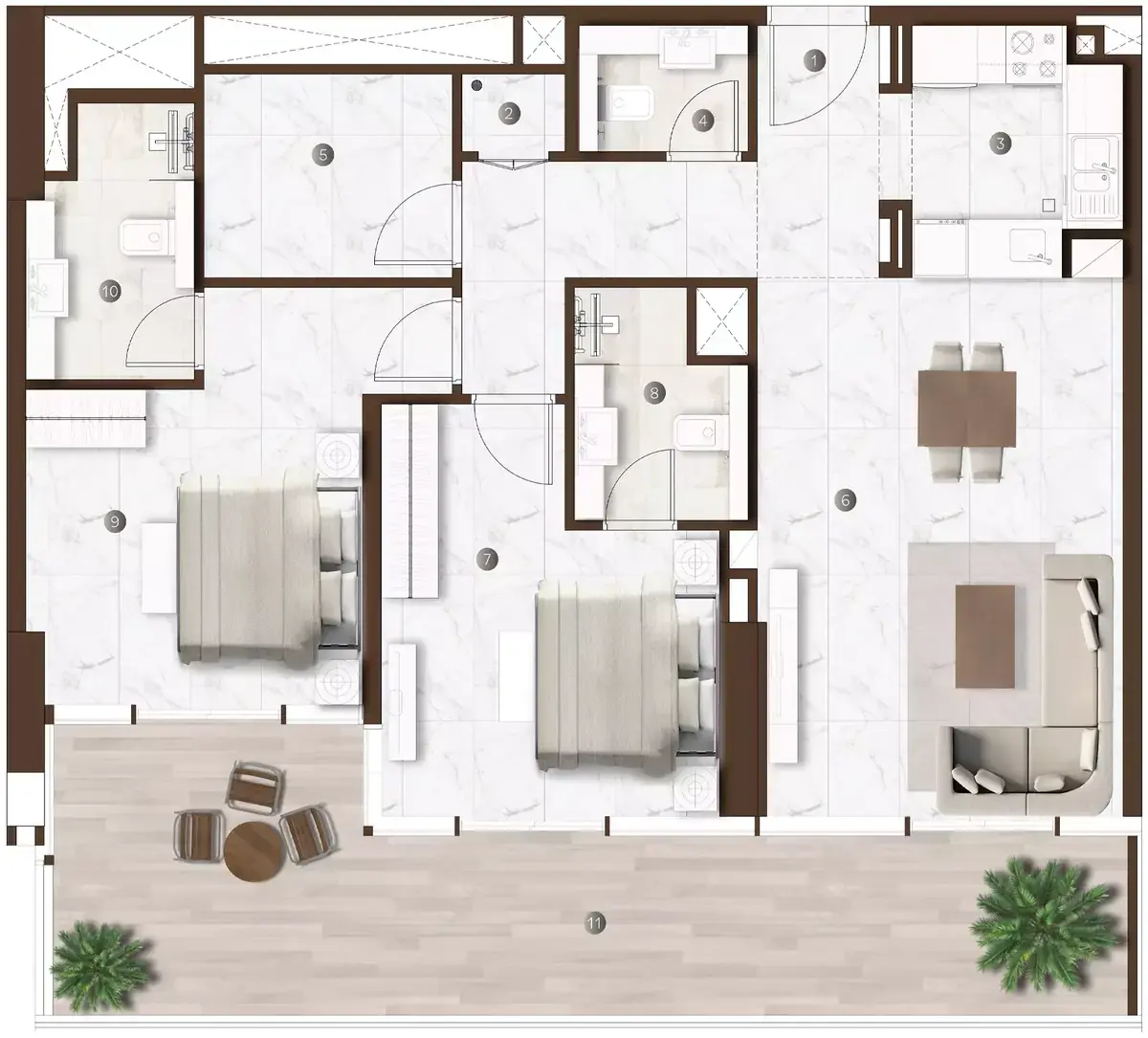 Планировка — 2-спальная, 118 м²