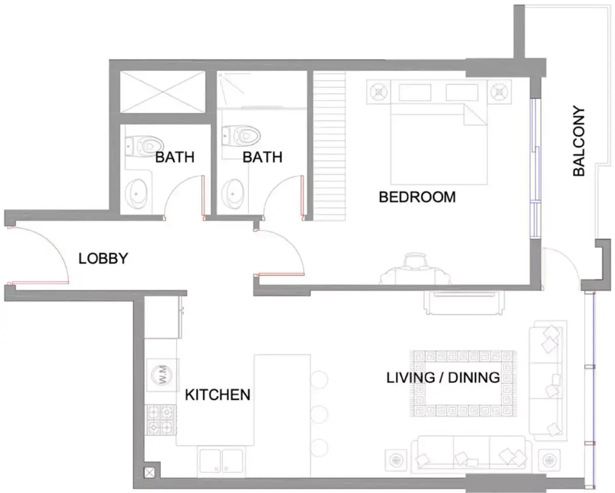 Планировка — 1-спальная, 72 м²