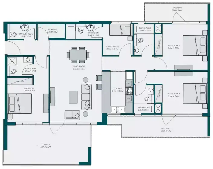 Планировка — 3-спальная, 151 м²
