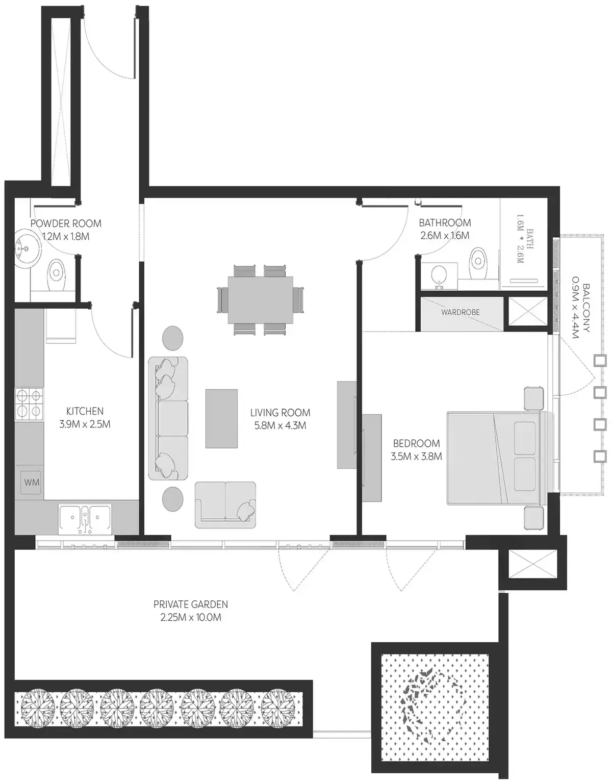 Планировка — 1-спальная, 110 м²