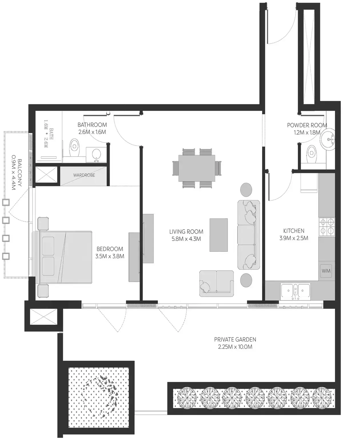 Планировка — 1-спальная, 110 м²