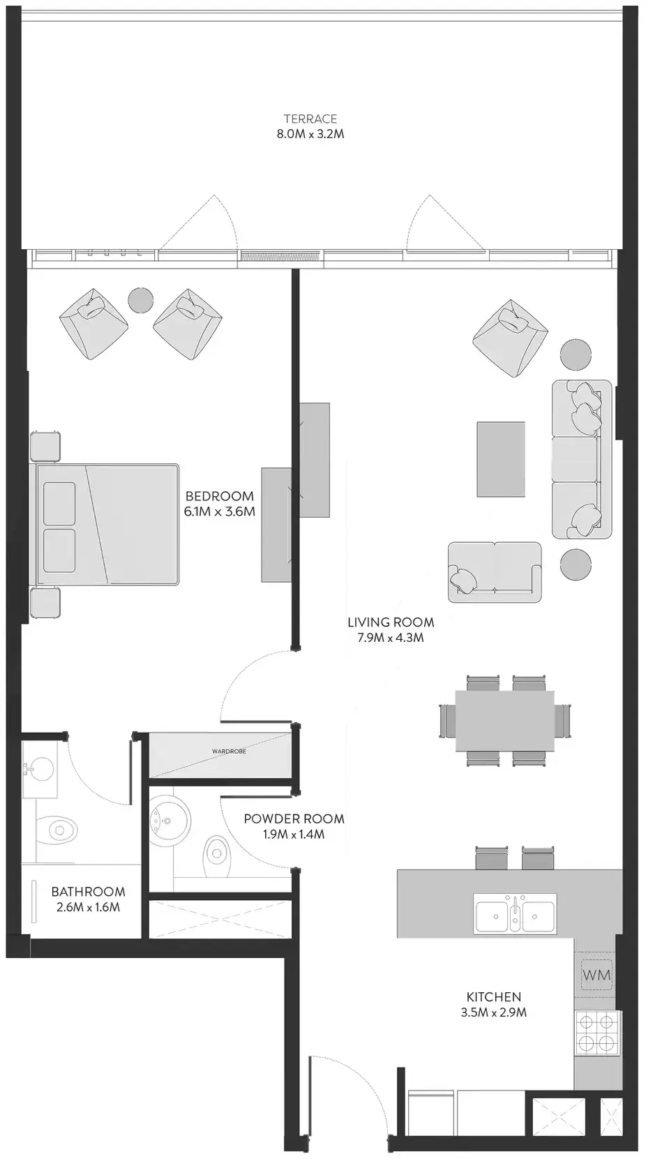 Планировка — 1-спальная, 110 м²
