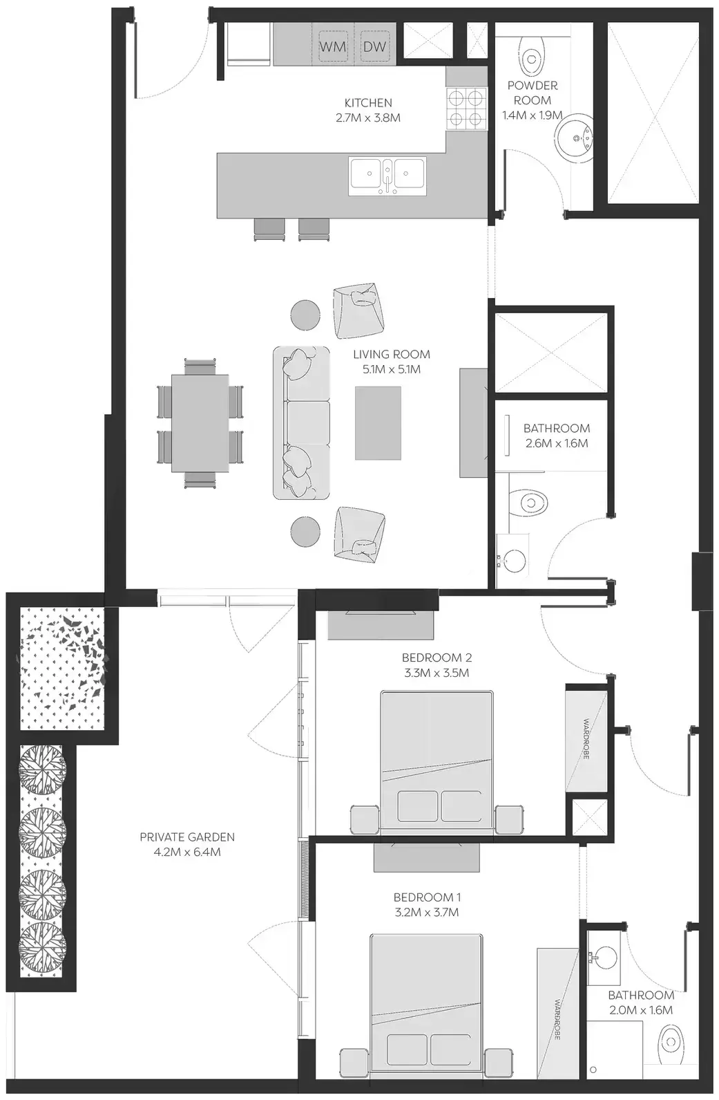 Планировка — 2-спальная, 111 м²