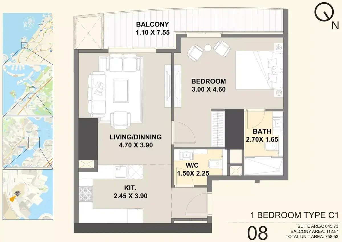Планировка — 1-спальная, 70 м²