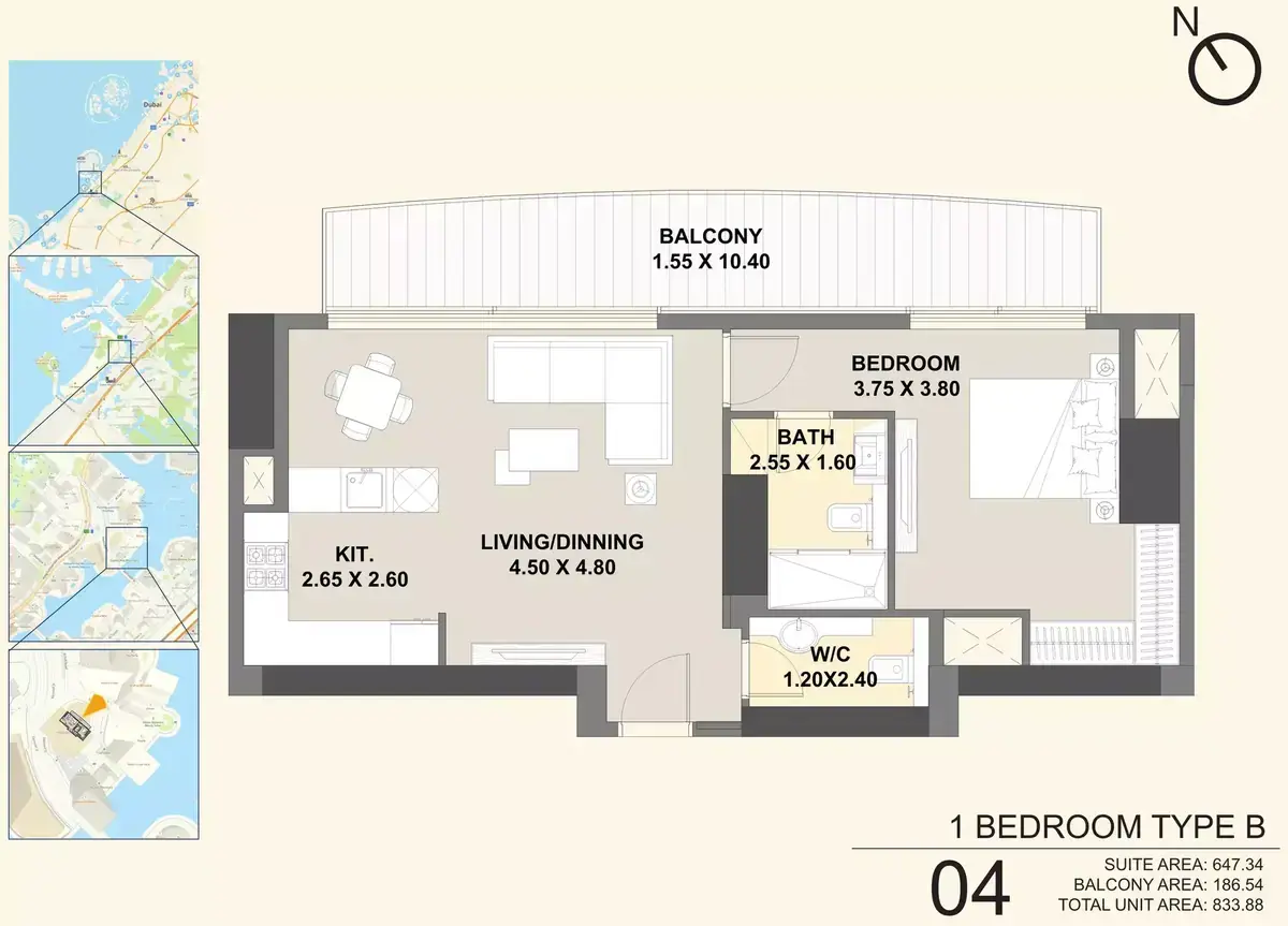 Планировка — 1-спальная, 77 м²