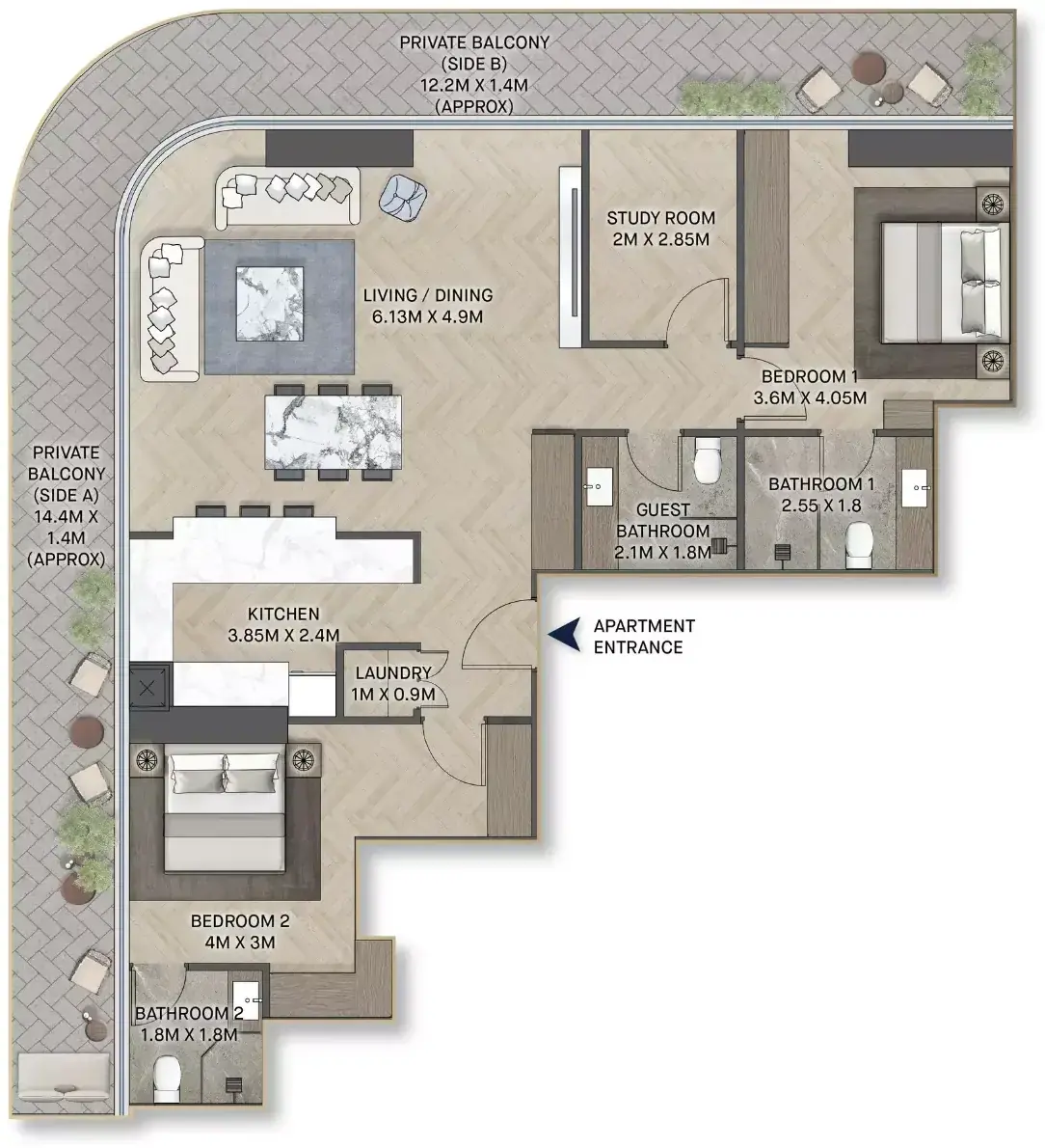 Планировка — 2-спальная, 145 м²