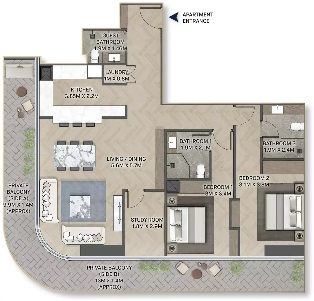 Планировка — 2-спальная, 138 м²