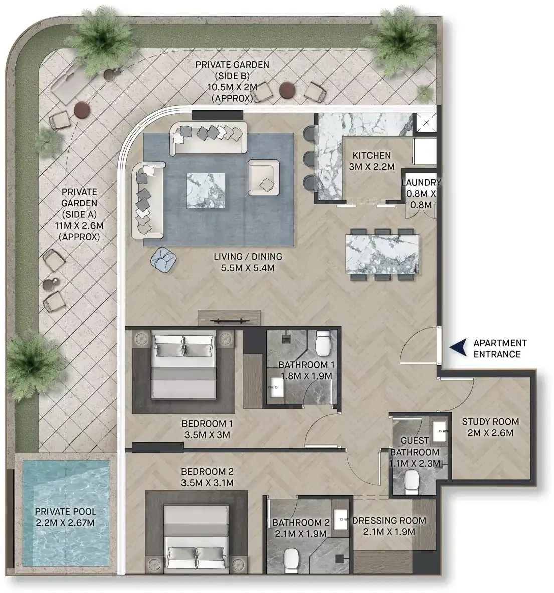 Планировка — 2-спальная, 163 м²