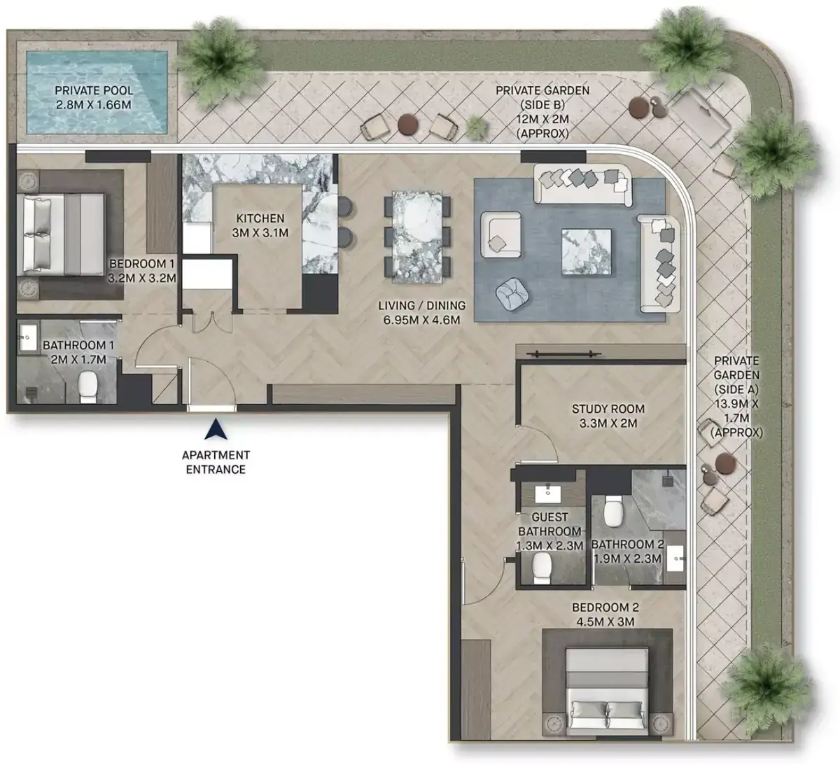 Планировка — 2-спальная, 162 м²