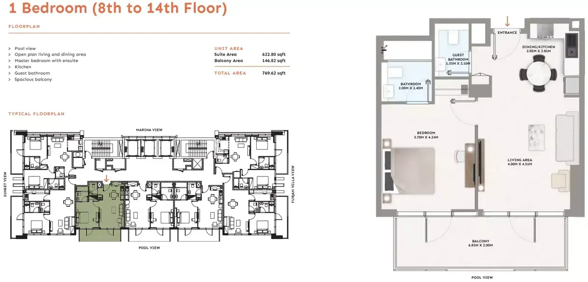 Планировка — 1-спальная, 71 м²