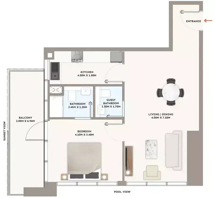 Планировка — 1-спальная, 77 м²