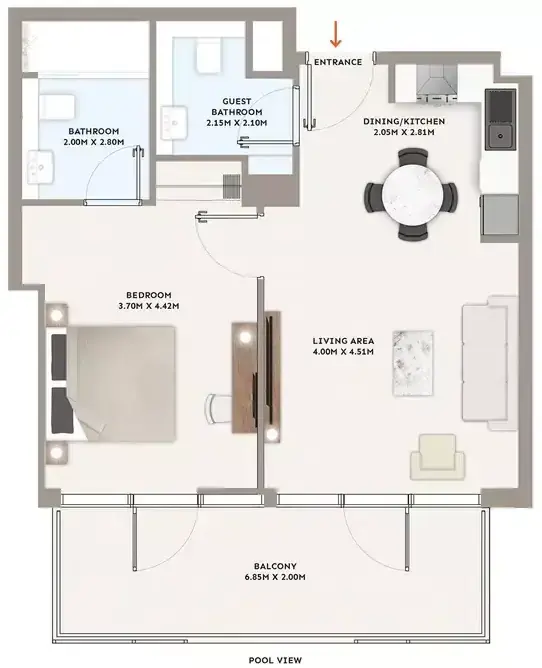 Планировка — 1-спальная, 71 м²