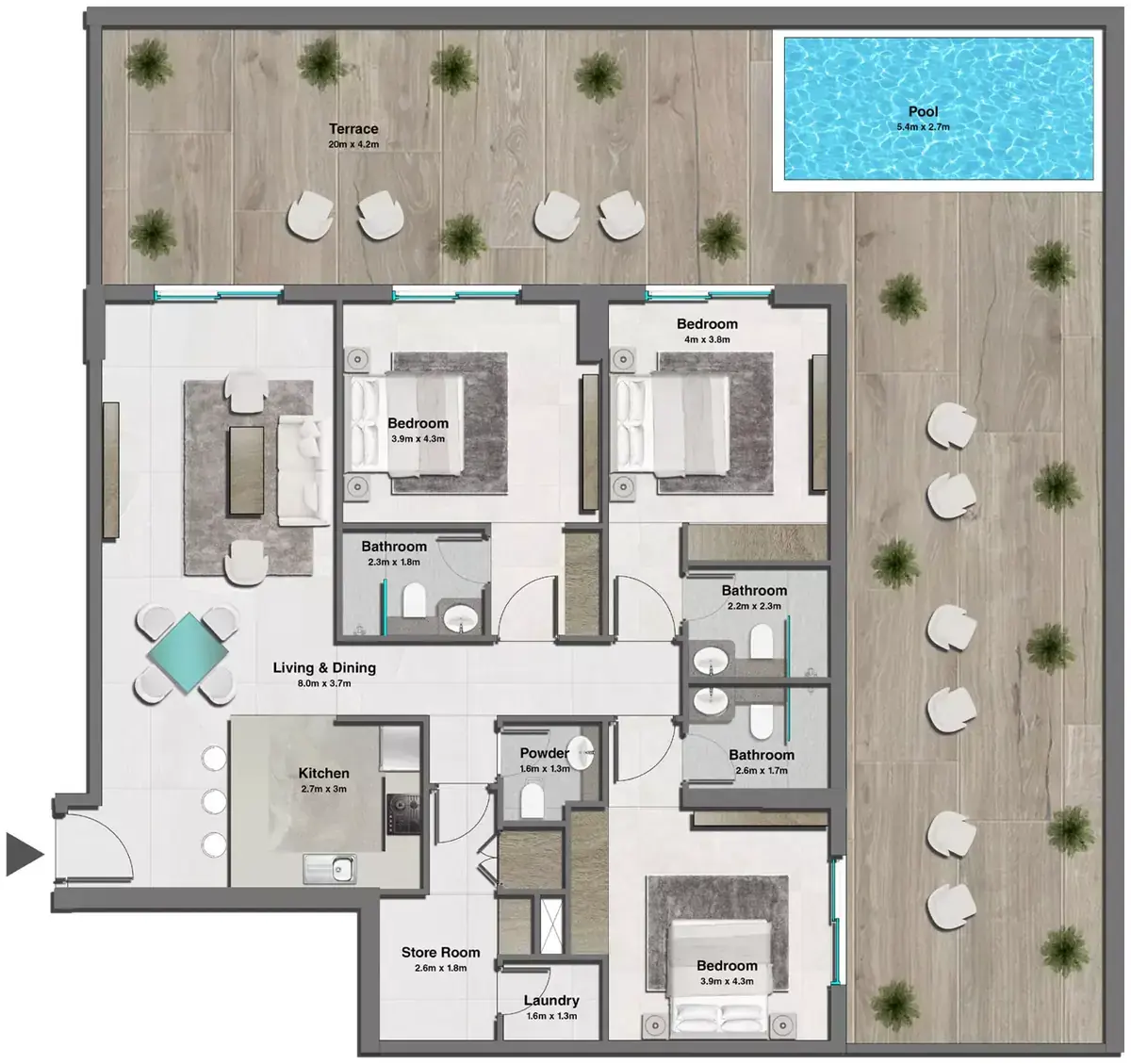 Планировка — 3-спальная, 264 м²