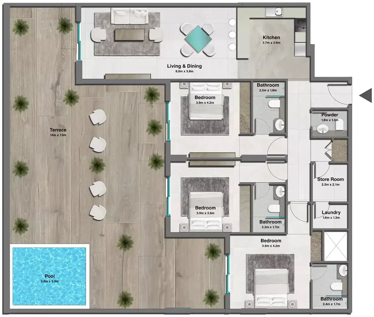 Планировка — 3-спальная, 284 м²