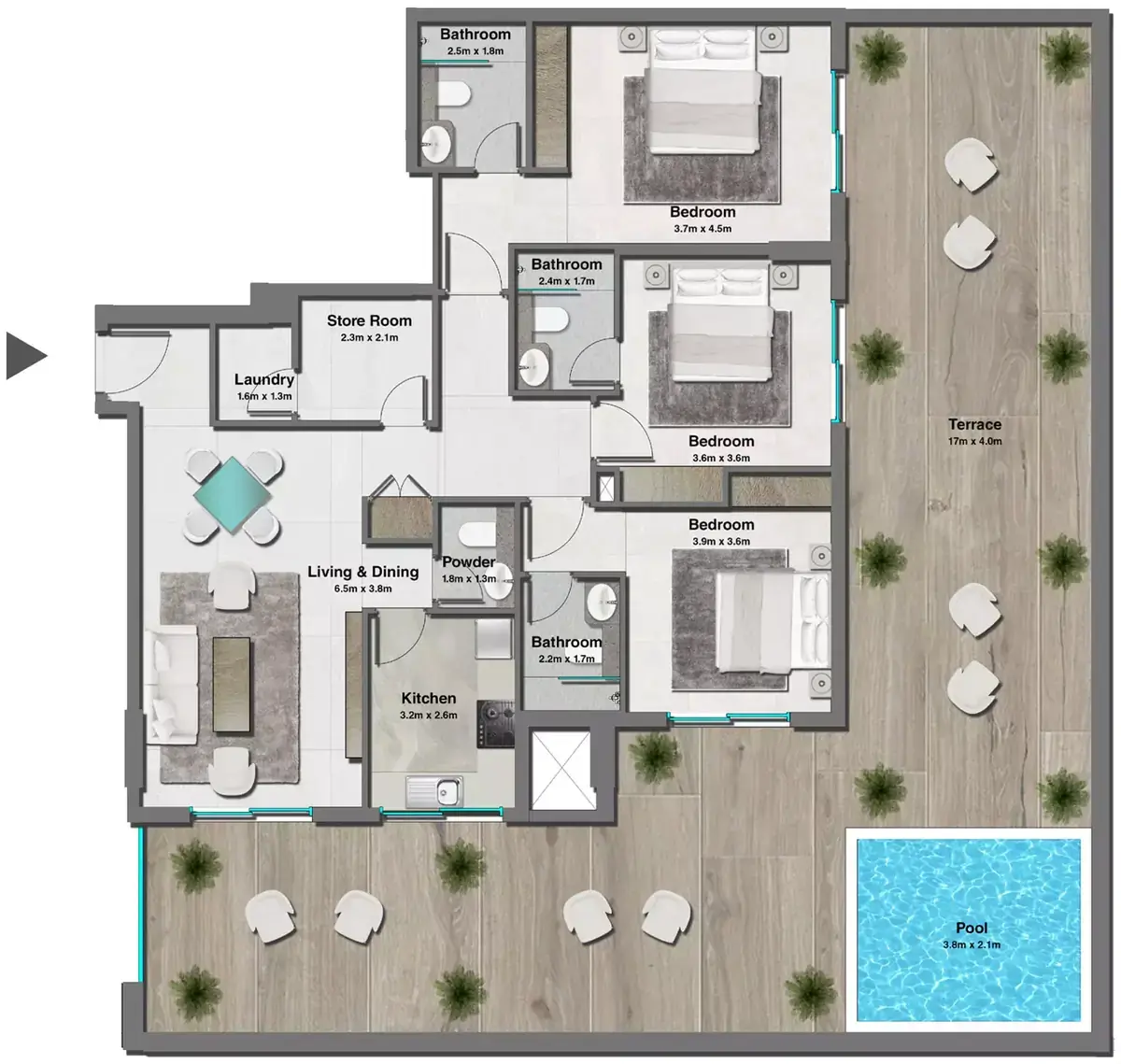 Планировка — 3-спальная, 263 м²