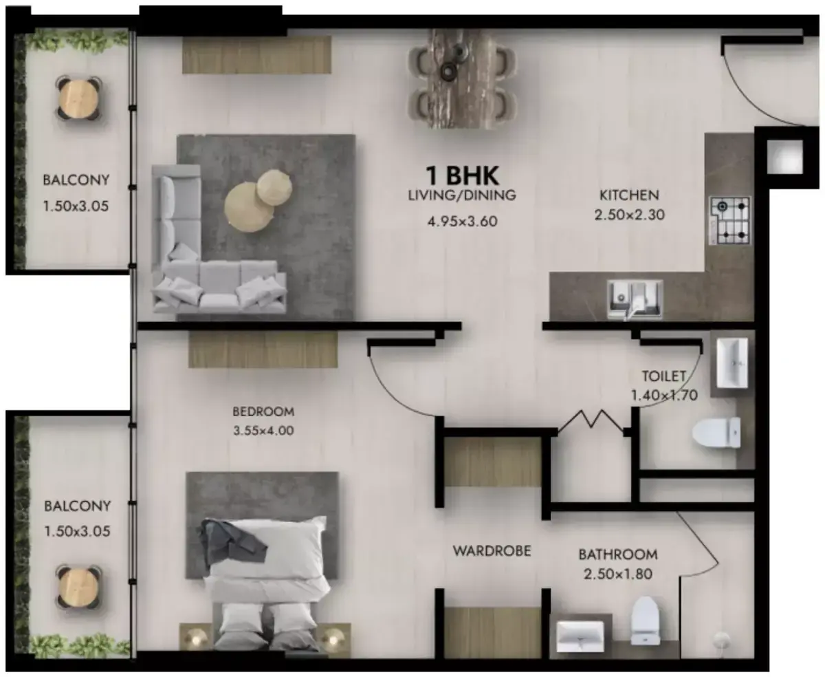 Планировка — 1-спальная, 64 м²