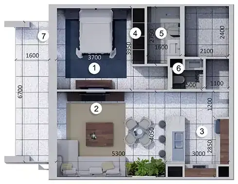 Планировка — 1-спальная, 80 м²