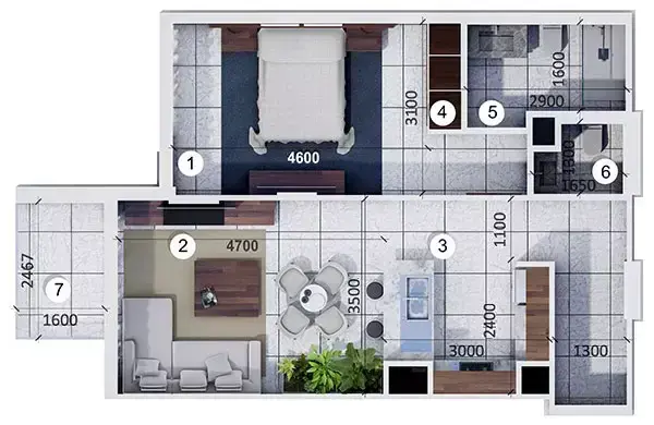 Планировка — 1-спальная, 65 м²