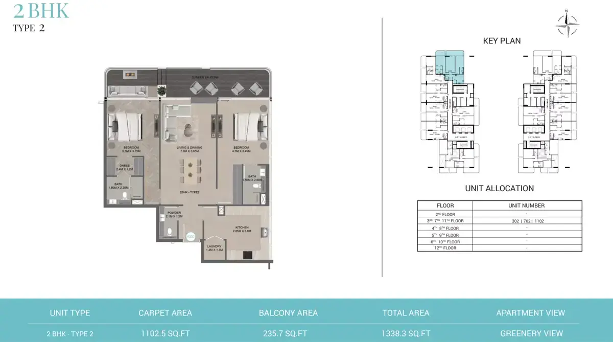 Планировка — 2-спальная, 124 м²