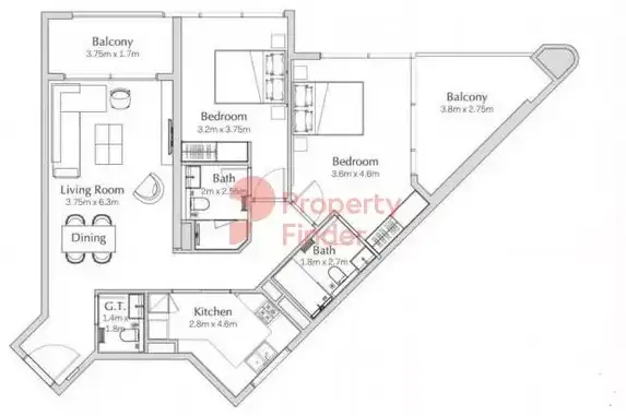 Планировка — 2-спальная, 117 м²