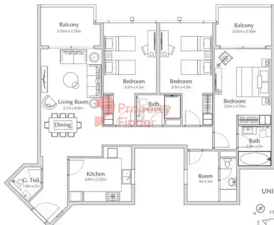 Планировка — 3-спальная, 155 м²
