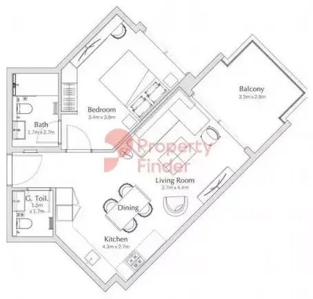 Планировка — 1-спальная, 66 м²