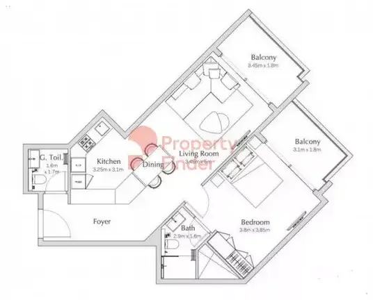 Планировка — 1-спальная, 76 м²