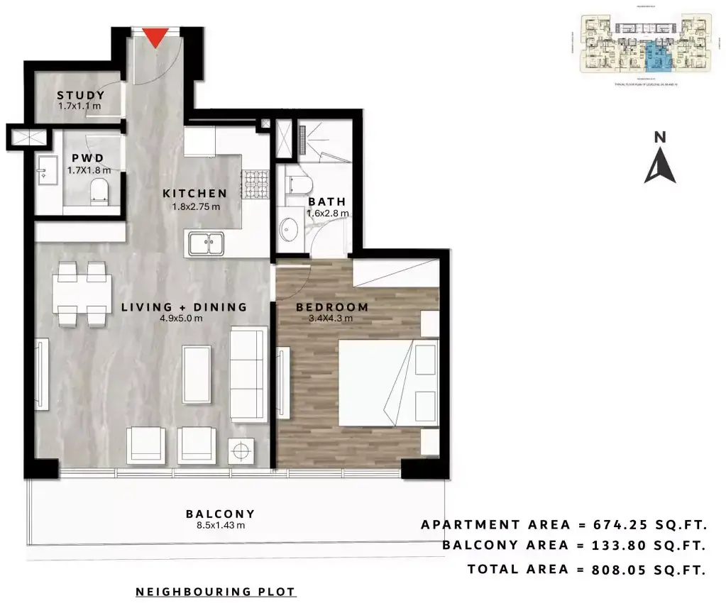 Планировка — 1-спальная, 75 м²