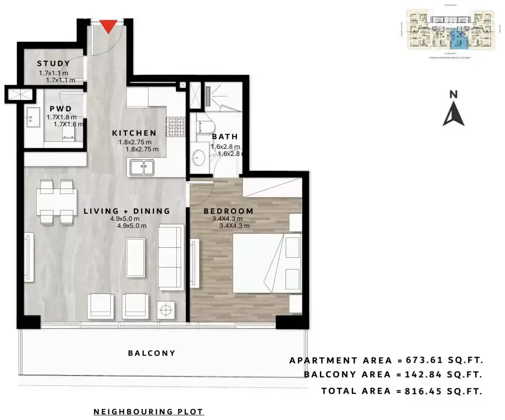 Планировка — 1-спальная, 76 м²