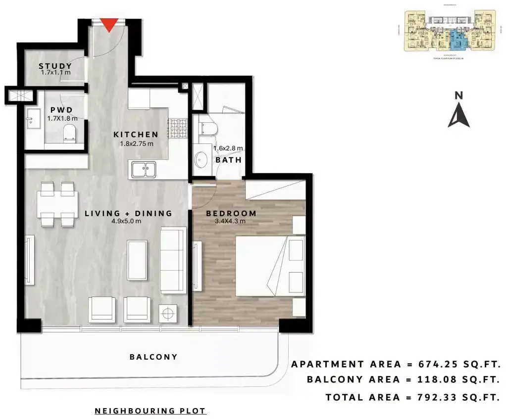 Планировка — 1-спальная, 74 м²