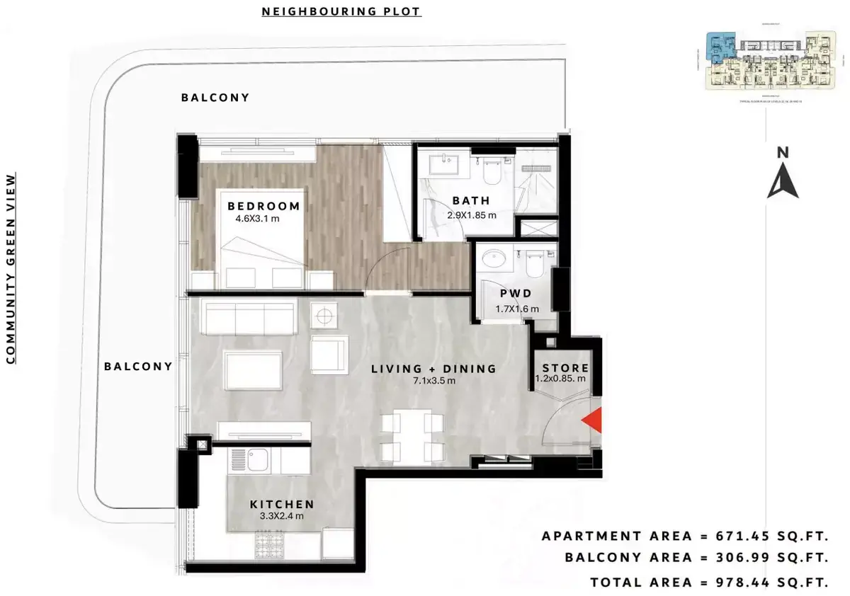 Планировка — 1-спальная, 91 м²