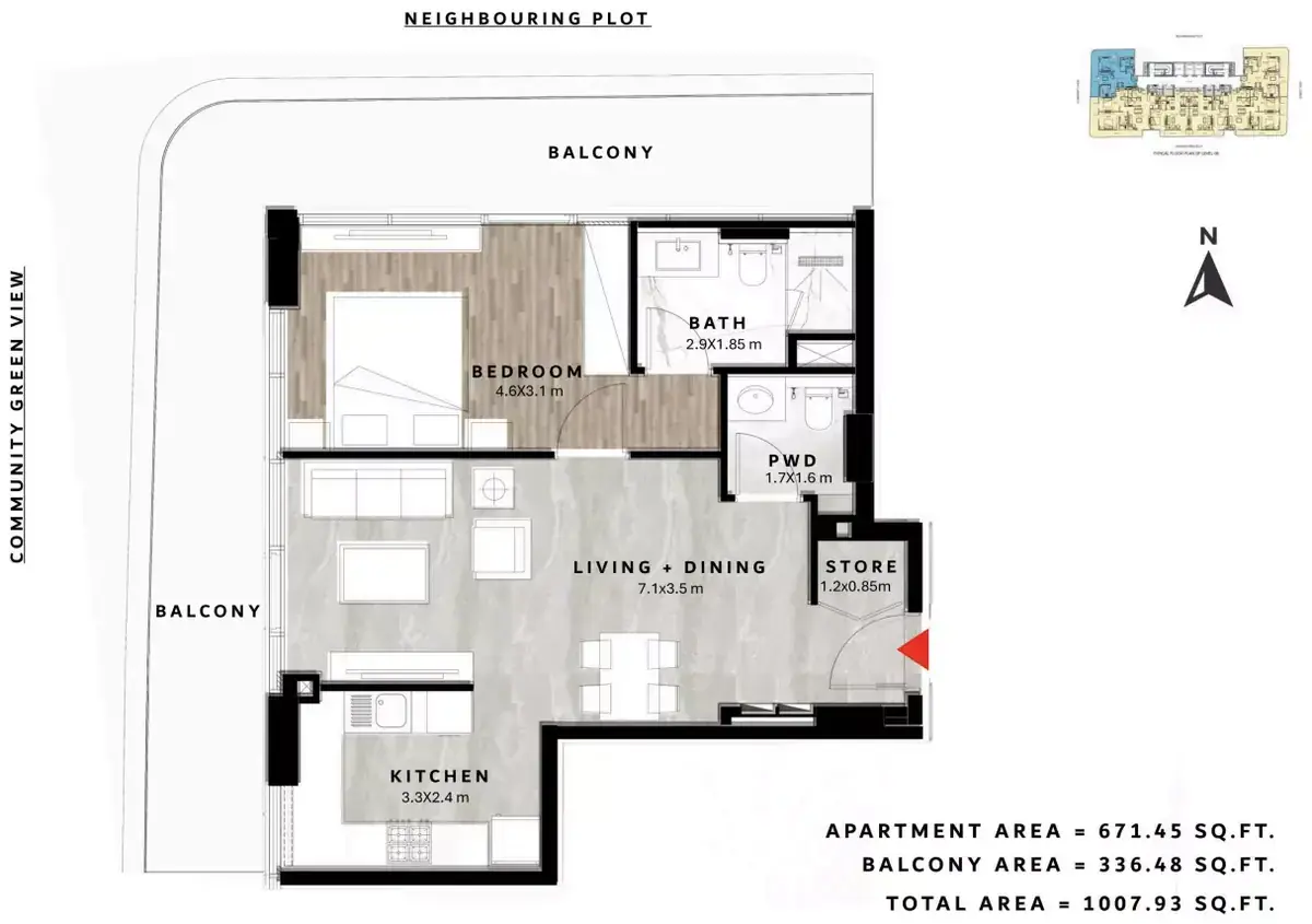 Планировка — 1-спальная, 94 м²
