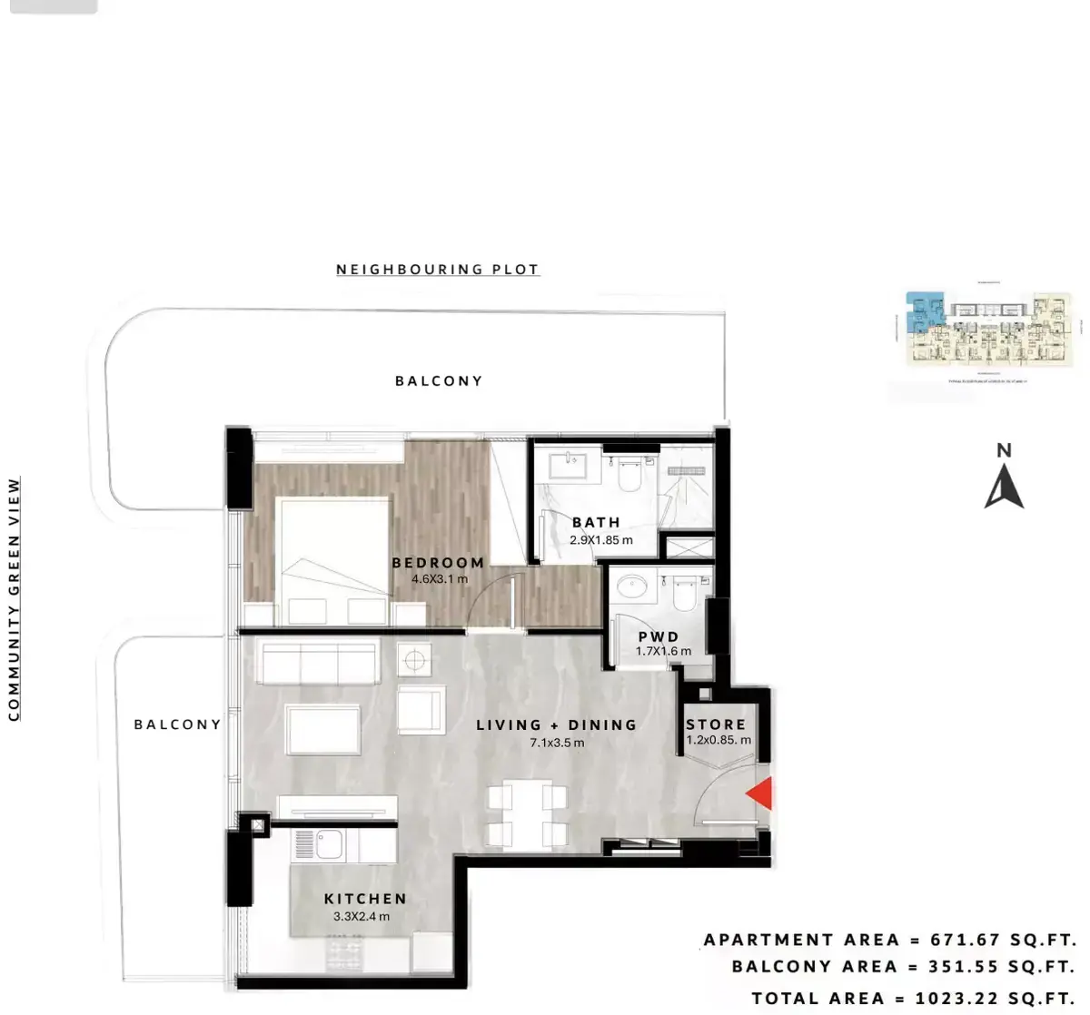 Планировка — 1-спальная, 95 м²