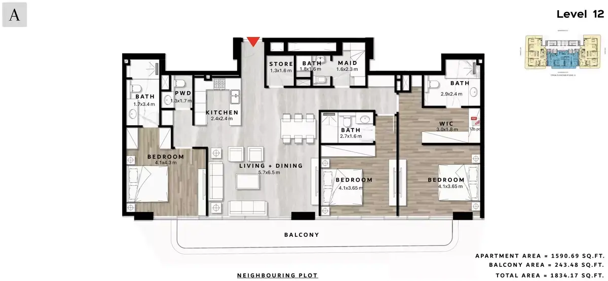 Планировка — 3-спальная, 170 м²