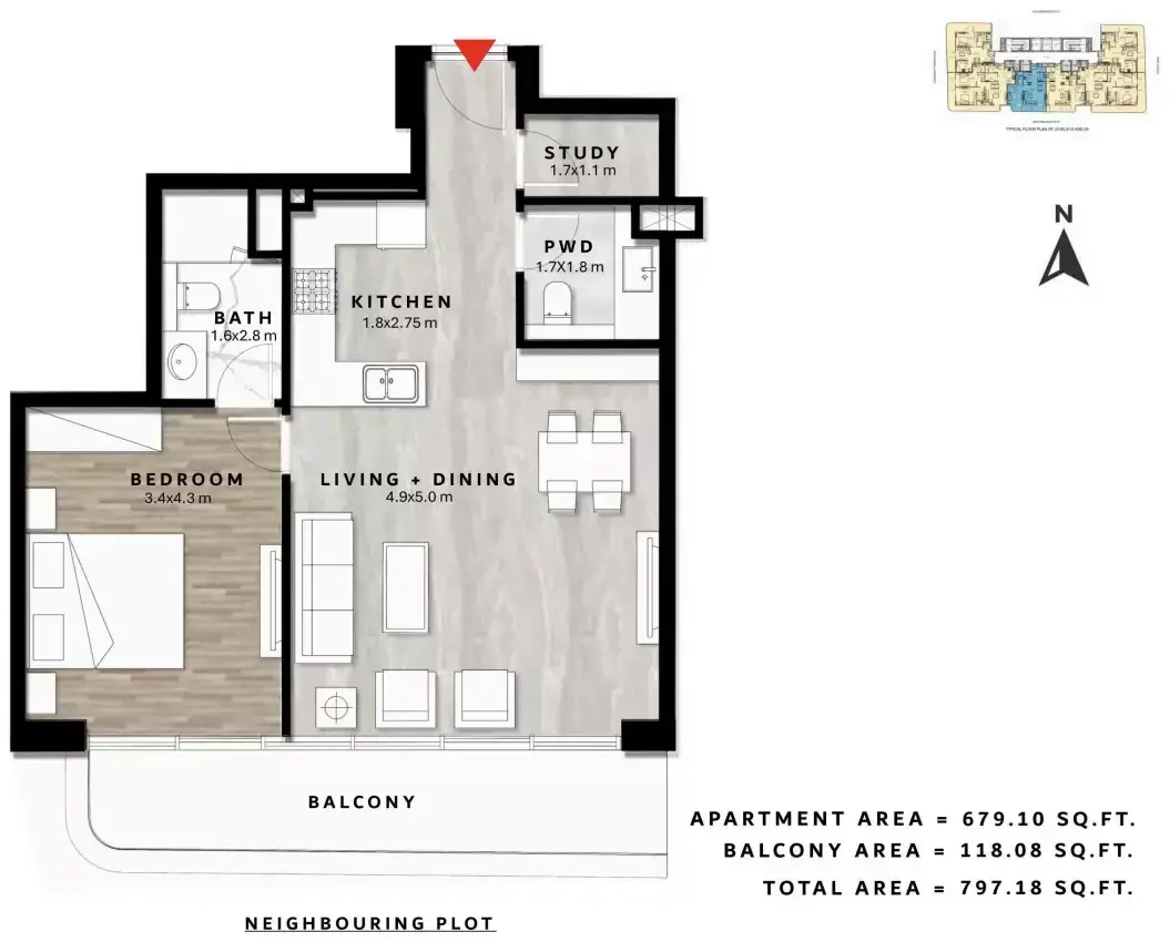 Планировка — 1-спальная, 74 м²