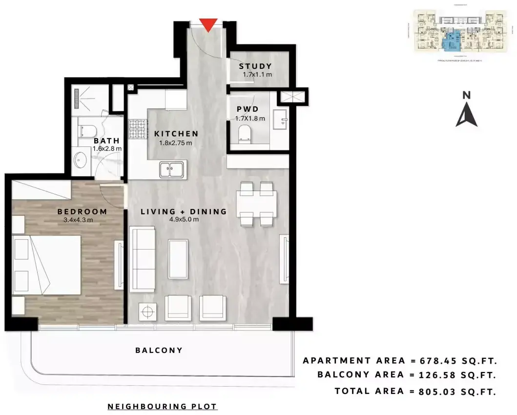 Планировка — 1-спальная, 75 м²