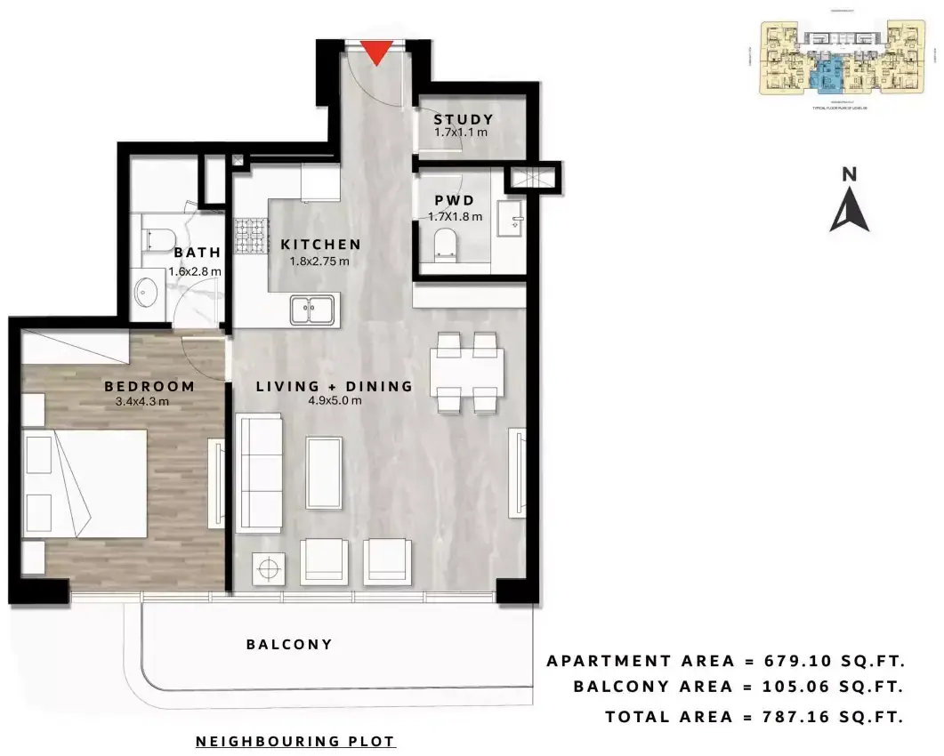 Планировка — 1-спальная, 73 м²