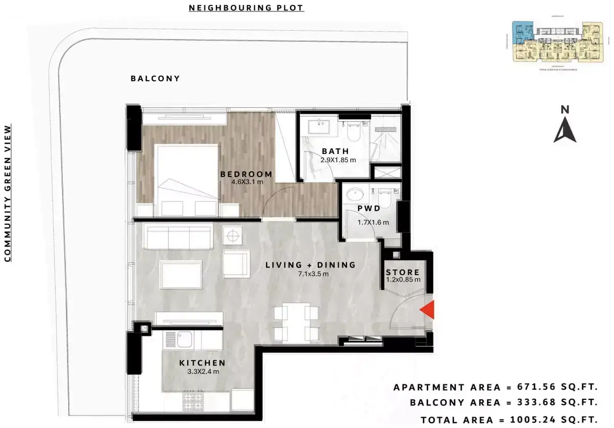 Планировка — 1-спальная, 93 м²